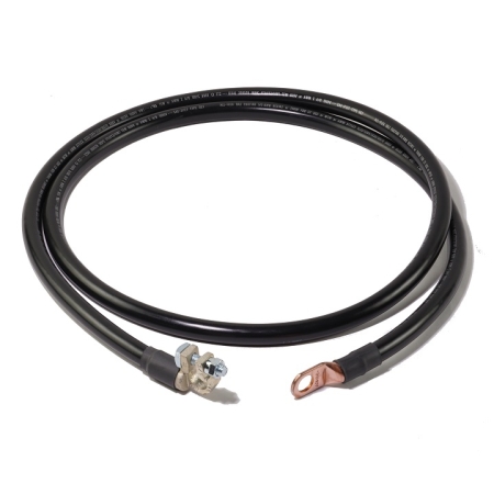 A black battery cable coiled once with a 90 degree battery terminal and a straight lug