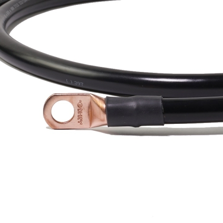 A close-up of a straight lug on the end of a black battery cable.