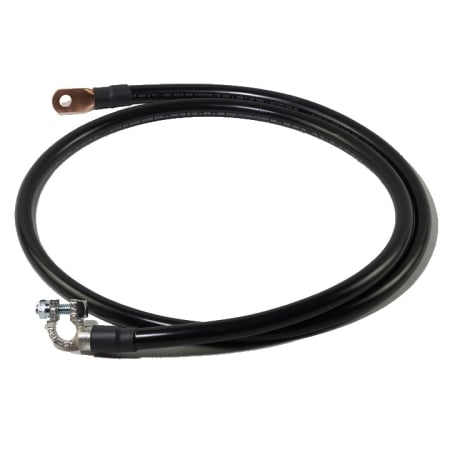 A shiny black PVC battery cable with a straight battery lug and a right angle battery terminal.