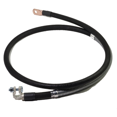 A black cotton-braided battery cable with armor covering part of it. It has a right-angle battery terminal and a straight lug.