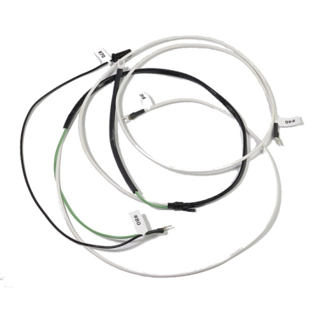 Green, black, and white wires with black sheathing.