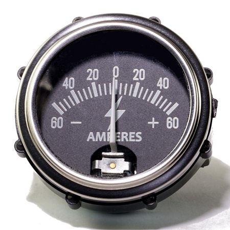 Black gauge with white text and needle