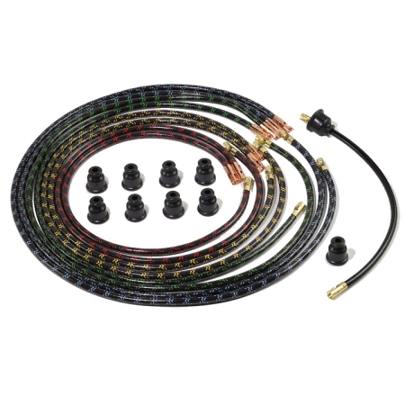 A color-coded 8-cylinder spark plug wire set with straight terminals on both ends. The coil wire has straight terminals on both ends and a boot on one end. Nine boots are shipped loose for ease of installation.