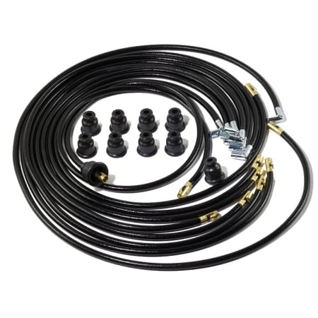 An 8-cylinder spark plug wire set with straight terminals on one end and right angle terminals on the other. Straight boots are provided to be installed on-site. The coil wire has straight terminals on both ends and a boot on one.