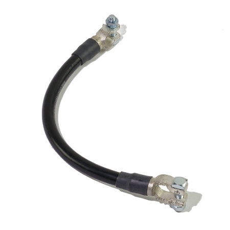 A shiny black battery-to-battery jumper cable with straight battery terminals on both ends.