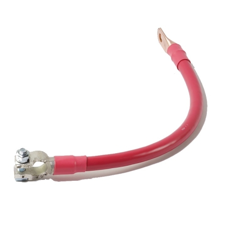 A red battery cable with a straight battery terminal on one end and a lug on the other end.