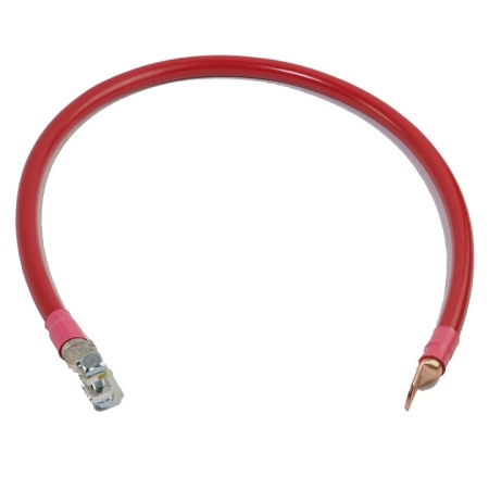 A shiny red battery cable with a straight battery terminal and a straight lug.