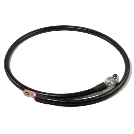 A shiny black battery cable with a straight battery terminal and a straight lug.