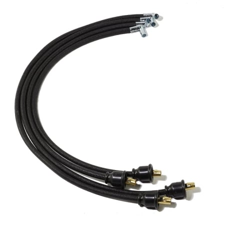 A 4-cylinder spark plug wire set with straight boots and terminals on the mag/distributor ends and right angle terminals on the spark plug ends. No coil wire.