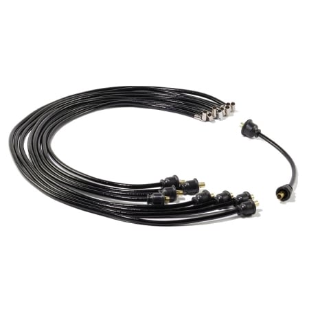 An 8-cylinder spark plug wire set with straight boots and terminals on the mag/distributor ends and right angle terminals on the spark plug ends. the coil wire has straight boots and terminals on both ends.