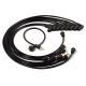 An 8-cylinder spark plug wire set with straight boots and terminals on the mag/distributor ends and right angle boots and terminals on the spark plug ends. The coil wire has straight boots and terminals on both ends.