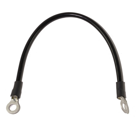 A black battery cable with ring terminals on both ends.