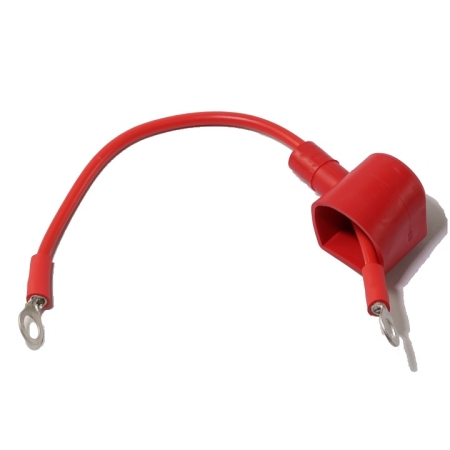 A red battery cable with ring terminals on both ends and a boot on one end.