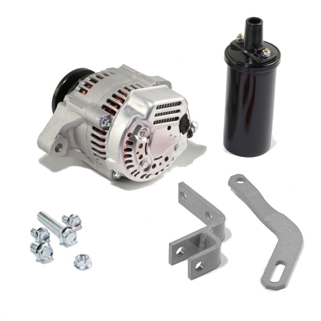 An alternator, ignition coil, mounting bracket with adjusting arm, and the mounting bracket's hardware arranged against a white background.