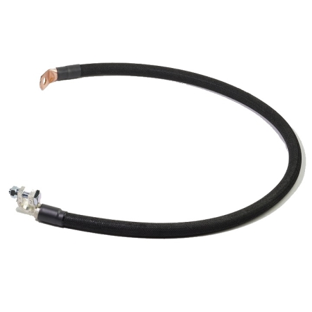 A black cotton-braided battery cable with a right-angle battery terminal an a bent lug.