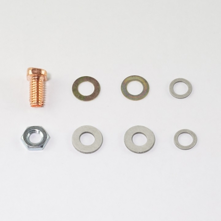 Bolt, washers, gaskets, and nut.