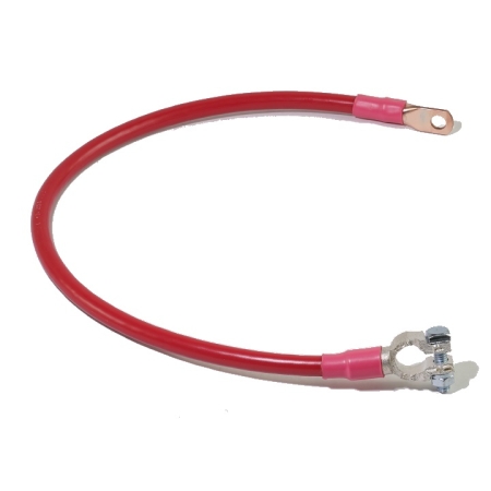 A red battery cable with a straight battery terminal on one end and a lug on the other.