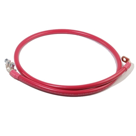 A shiny red battery cable with a right-angle battery terminal on one end and a bent lug on the other end.