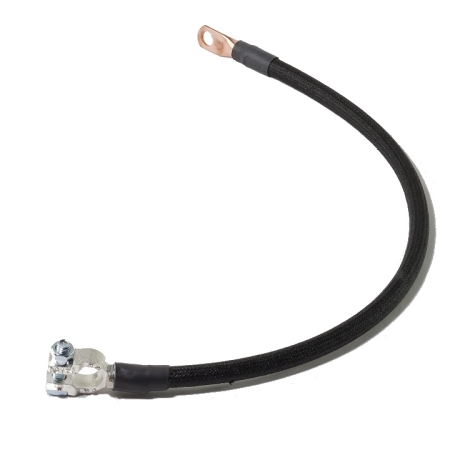 A black cotton-braid battery cable with a straight battery terminal on one end and a straight lug on the other end.