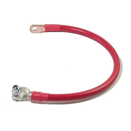 A red battery cable with a straight battery terminal on one end and a straight lug on the other.