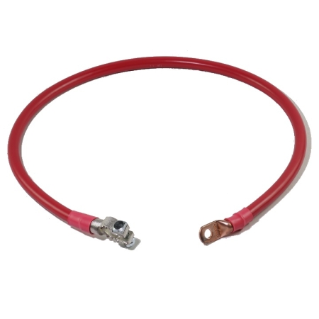 A shiny red battery cable with a lug on one end and a straight battery terminal on the other.