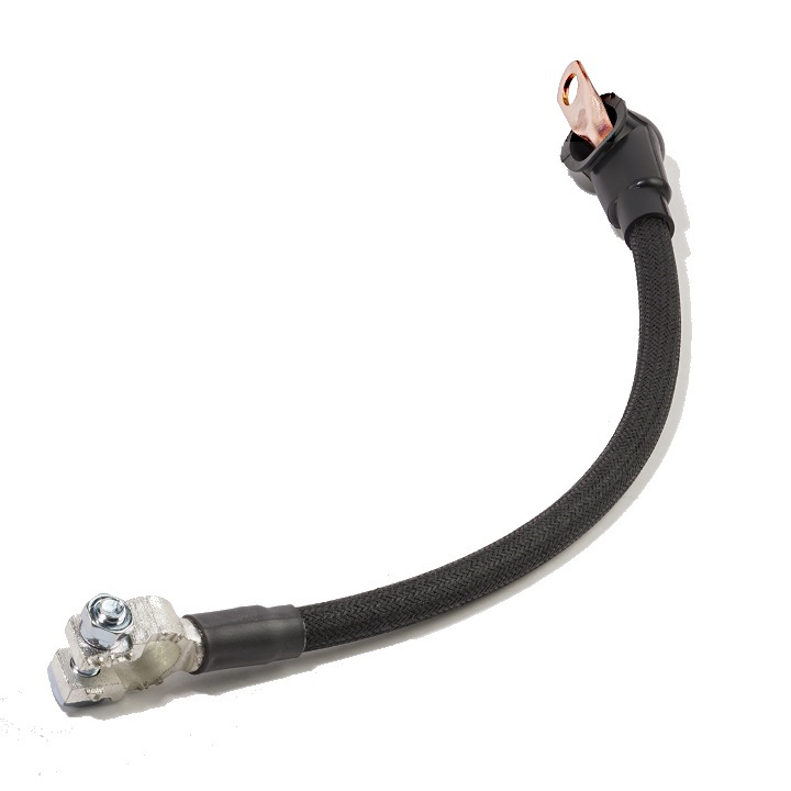 A black cotton-braided battery cable with a straight battery terminal on one end and a lug and boot on the other end.
