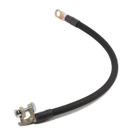 A black cotton-braid cable with a right-angle battery terminal on one end and a straight lug on the other.