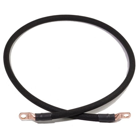 A black cotton-braid cable with lugs on both ends.