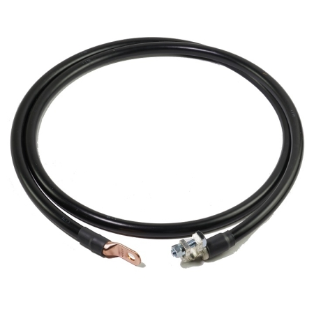A shiny black battery cable with a straight lug and a 90-degree battery terminal.