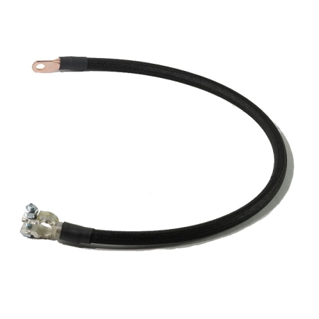 A black braided battery cable with a straight battery terminal on one end and a straight lug on the other.