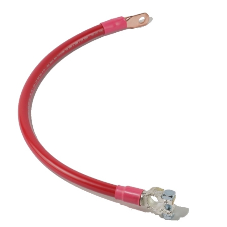 A red battery cabled with a straight terminal on one end and a straight lug on the other.