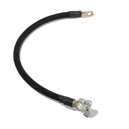 A black cotton-braided battery cable with a straight terminal and a straight lug