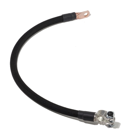A black cotton-braided battery cable with a straight terminal and a straight lug