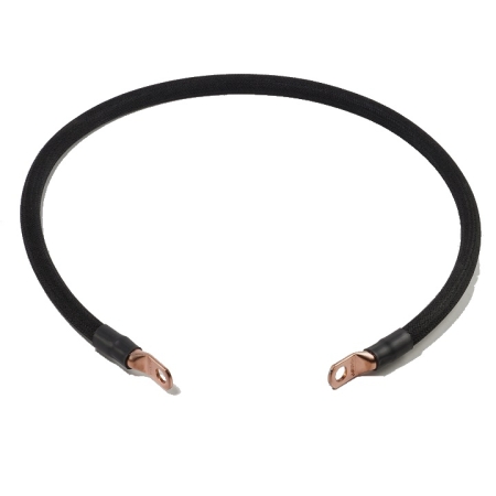 A black cotton-braided switch to starter cable with straight lugs on both ends.