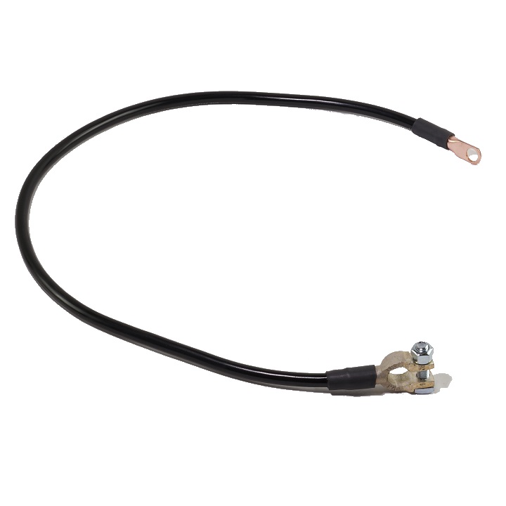 A shiny black battery cable with a straight terminal on one end and a straight lug on the other.