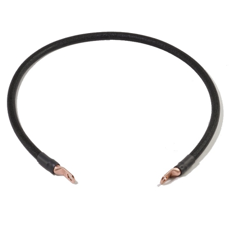 A black cotton-braided battery cable with straight lugs on both ends.