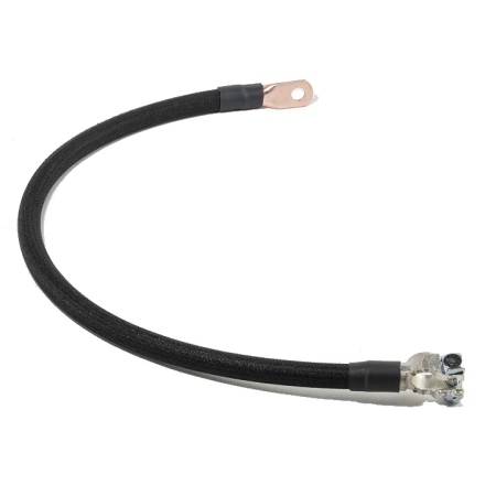A black cotton-braided battery cable with a straight battery terminal on one end and a straight lug on the other.