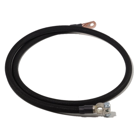 A black cotton-braided battery cable with a straight battery terminal and a straight lug