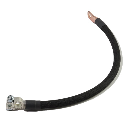 A black cotton-braided battery cable with a straight battery terminal and a straight lug.