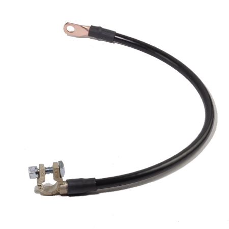A shiny black battery cable with a right-angle battery terminal and a straight lug.