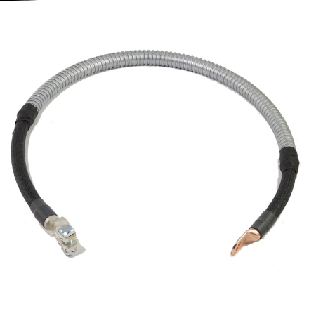 A black battery cable with armor. One end has a straight battery terminal and the other has a straight lug.