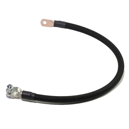 A black cotton-braided battery cable with a straight battery terminal on one end and a battery lug on the other.