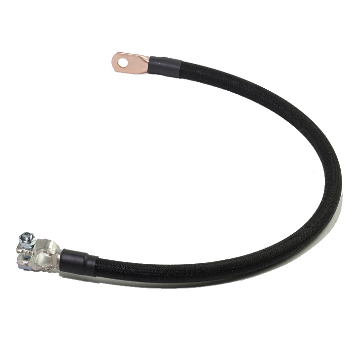 A black cotton-braided battery cable with a straight battery terminal on one end and a battery lug on the other.