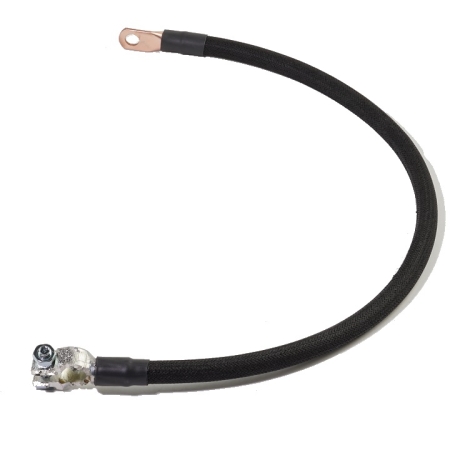 A black cotton-braided cable with a straight battery terminal on one end and a straight lug on the other end.