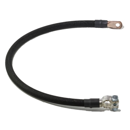 A black cotton-braided battery cable with a straight terminal and a lug.