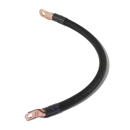 A black cotton-braid switch-to-starter cable with straight lugs on each end.