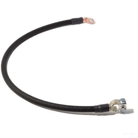 A black braided battery cable with a straight battery terminal on one end and a bent lug on the other.