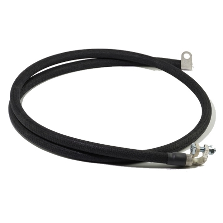 A black cotton-braided battery cable with a right-angle battery terminal on one end and a flag lug on the other