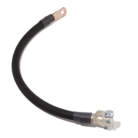 A black cotton-braided battery cable with a straight battery terminal and a straight lug.