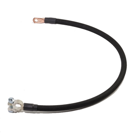 A black cotton-braided battery cable with a straight terminal on one end and a lug on the other.